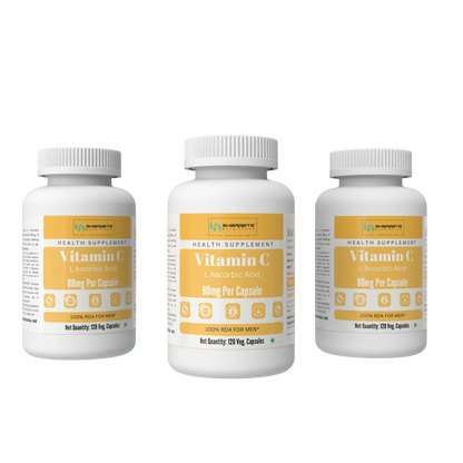 Three white bottles of Health Supplement Vitamin C L-Ascorbic Acid 80mg Per Capsule, arranged side by side on a solid white background.