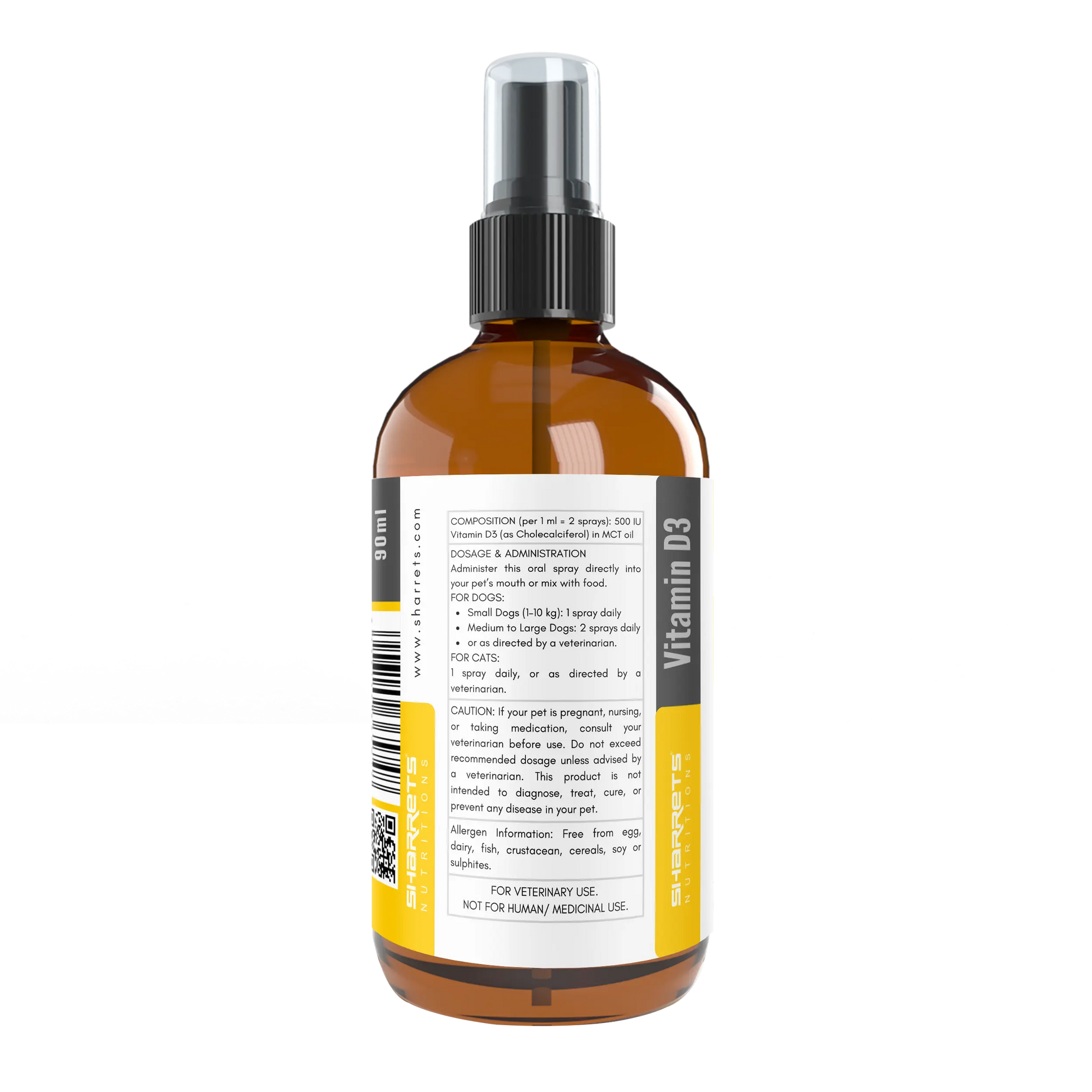 Ingredients panel of vitamin D3 oral spray for dogs and cats 500 IU cholecalciferol supplement