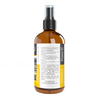 Ingredients panel of vitamin D3 oral spray for dogs and cats 500 IU cholecalciferol supplement