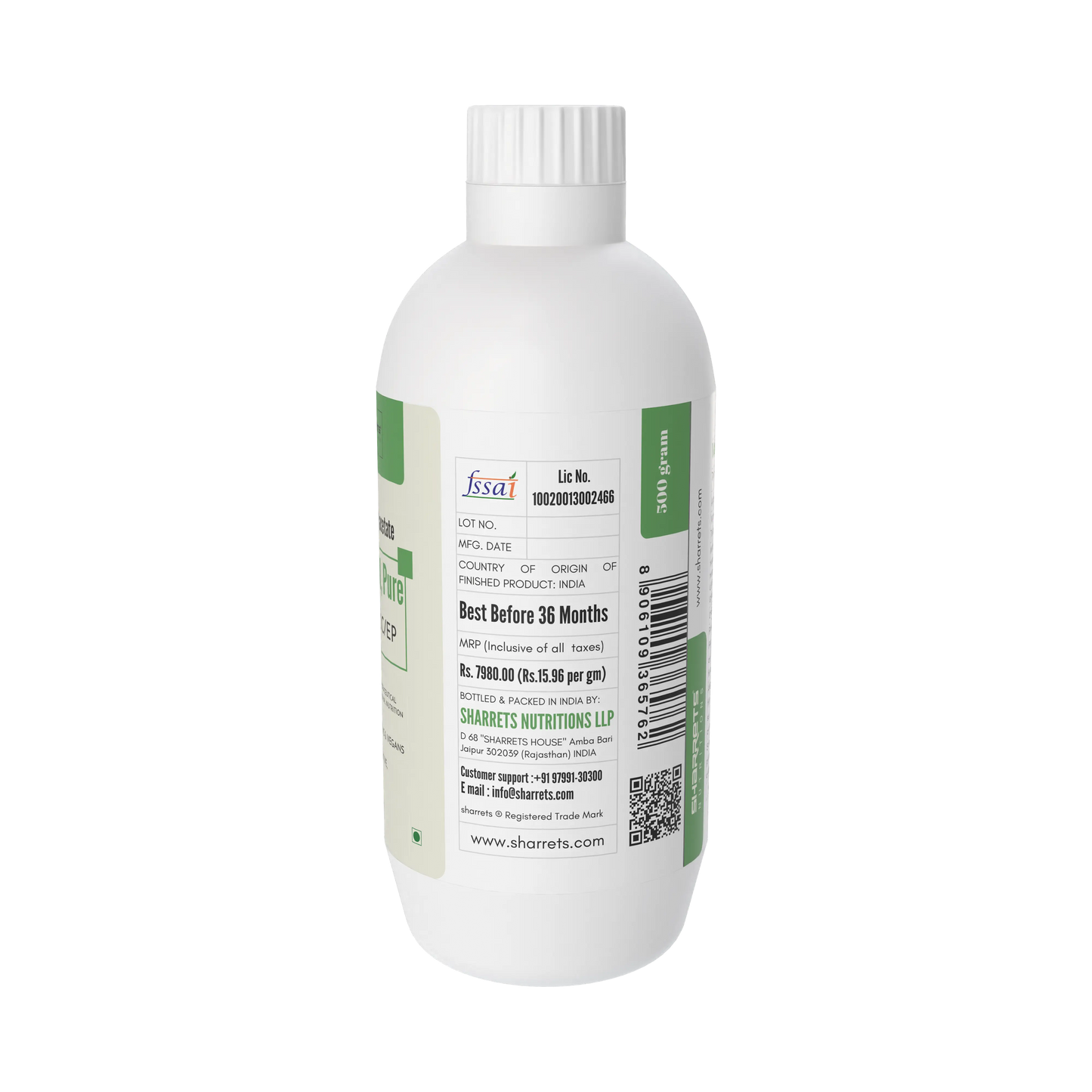 Manufacturer address and FSSAI license details on Sharrets Liquid Vitamin E Acetate Oil 98 percent -500g