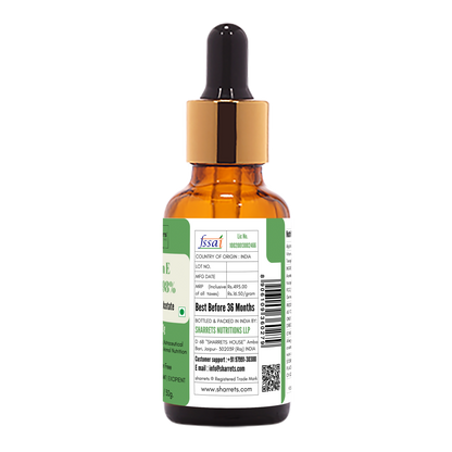 Manufacturer address and FSSAI license details on Sharrets Liquid Vitamin E Acetate Oil 98 percent