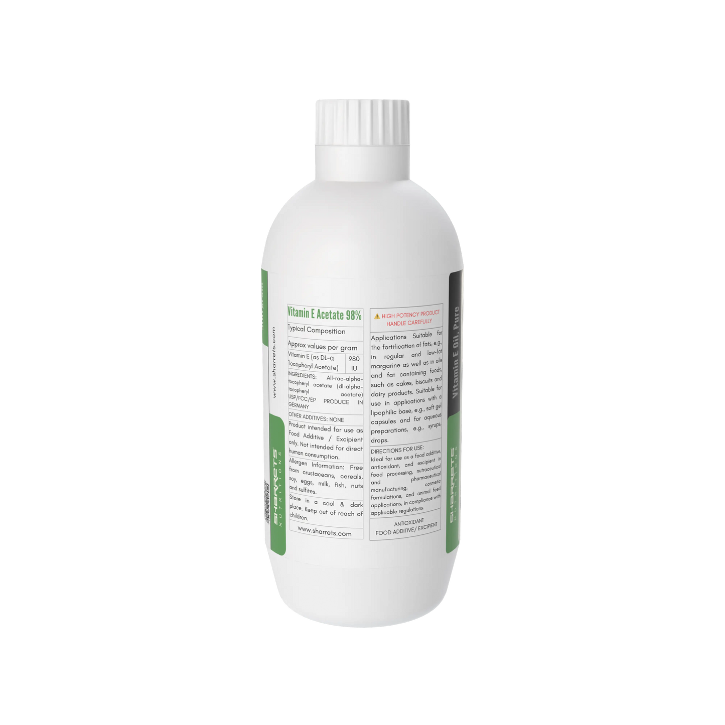 Ingredients panel of Liquid Vitamin E Acetate Oil 98% showing DL-Alpha Tocopheryl Acetate antioxidant oil-500g 
