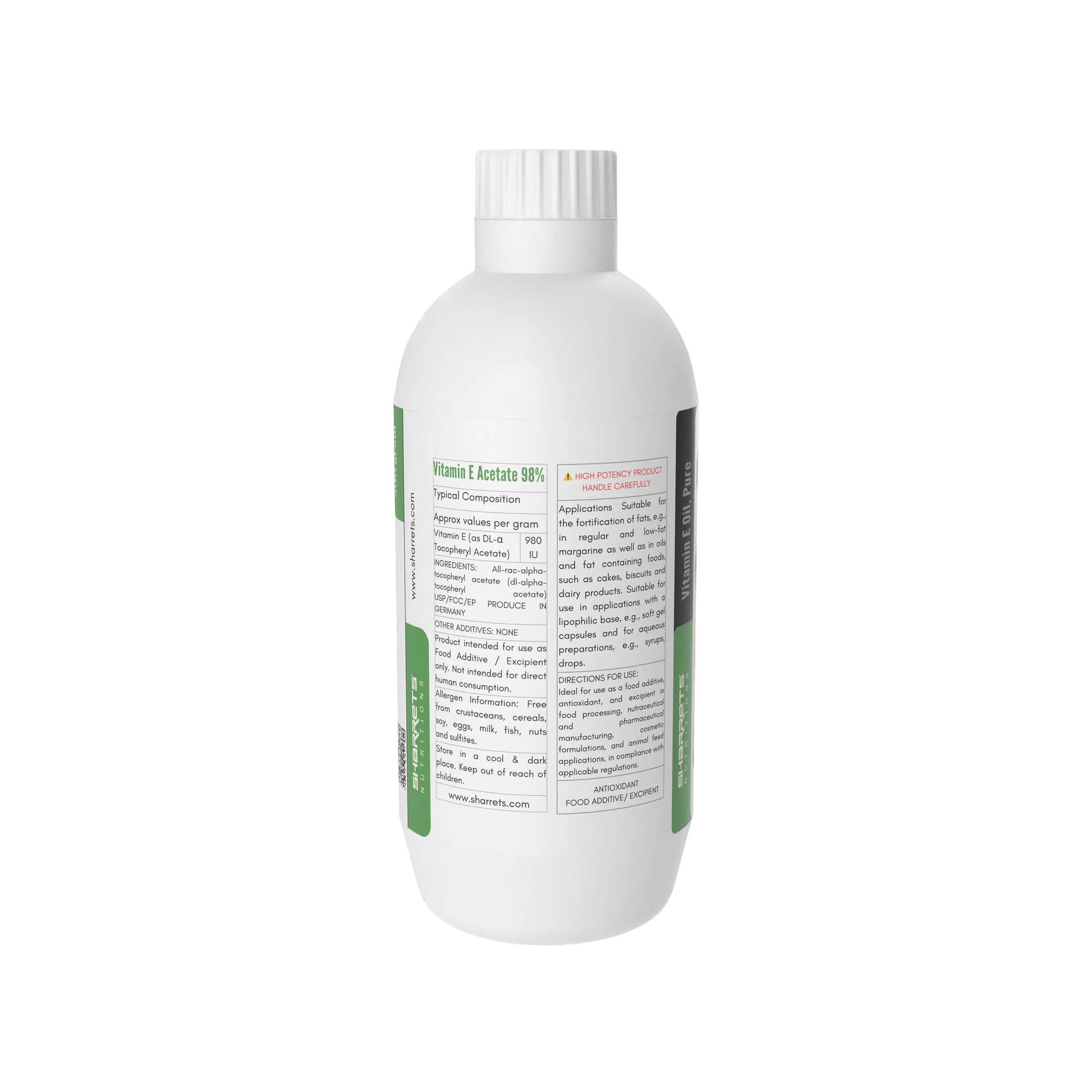 Ingredients panel of Liquid Vitamin E Acetate Oil 98% showing DL-Alpha Tocopheryl Acetate antioxidant oil-500g 