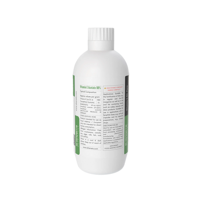 Ingredients panel of Liquid Vitamin E Acetate Oil 98% showing DL-Alpha Tocopheryl Acetate antioxidant oil-500g 