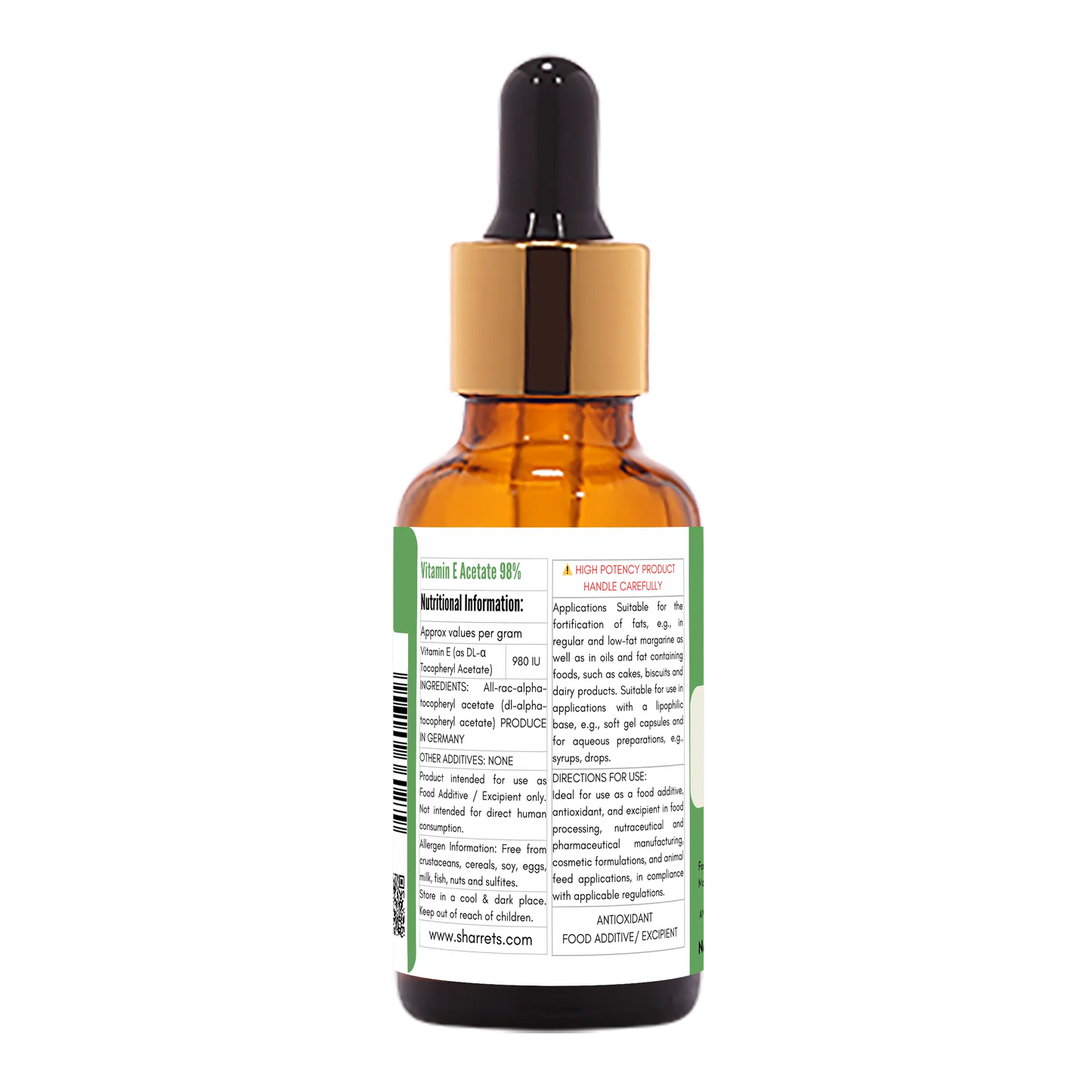 Ingredients panel of Liquid Vitamin E Acetate Oil 98% showing DL-Alpha Tocopheryl Acetate antioxidant oil