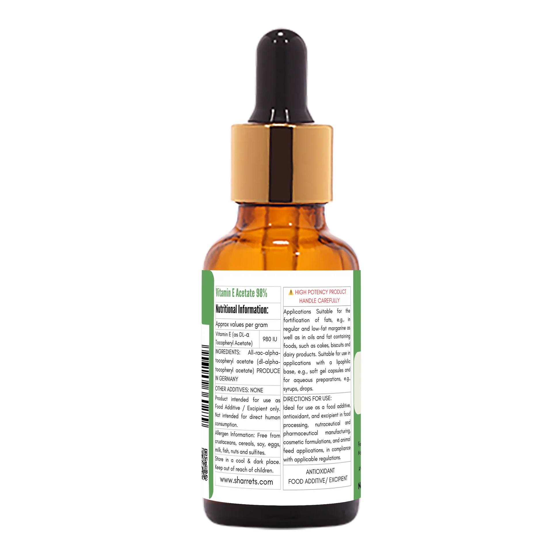 Ingredients panel of Liquid Vitamin E Acetate Oil 98% showing DL-Alpha Tocopheryl Acetate antioxidant oil