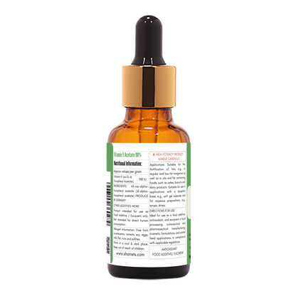 Ingredients panel of Liquid Vitamin E Acetate Oil 98% showing DL-Alpha Tocopheryl Acetate antioxidant oil