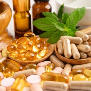 Assorted vitamins, supplements, and herbs on a wooden surface with a green leaf.