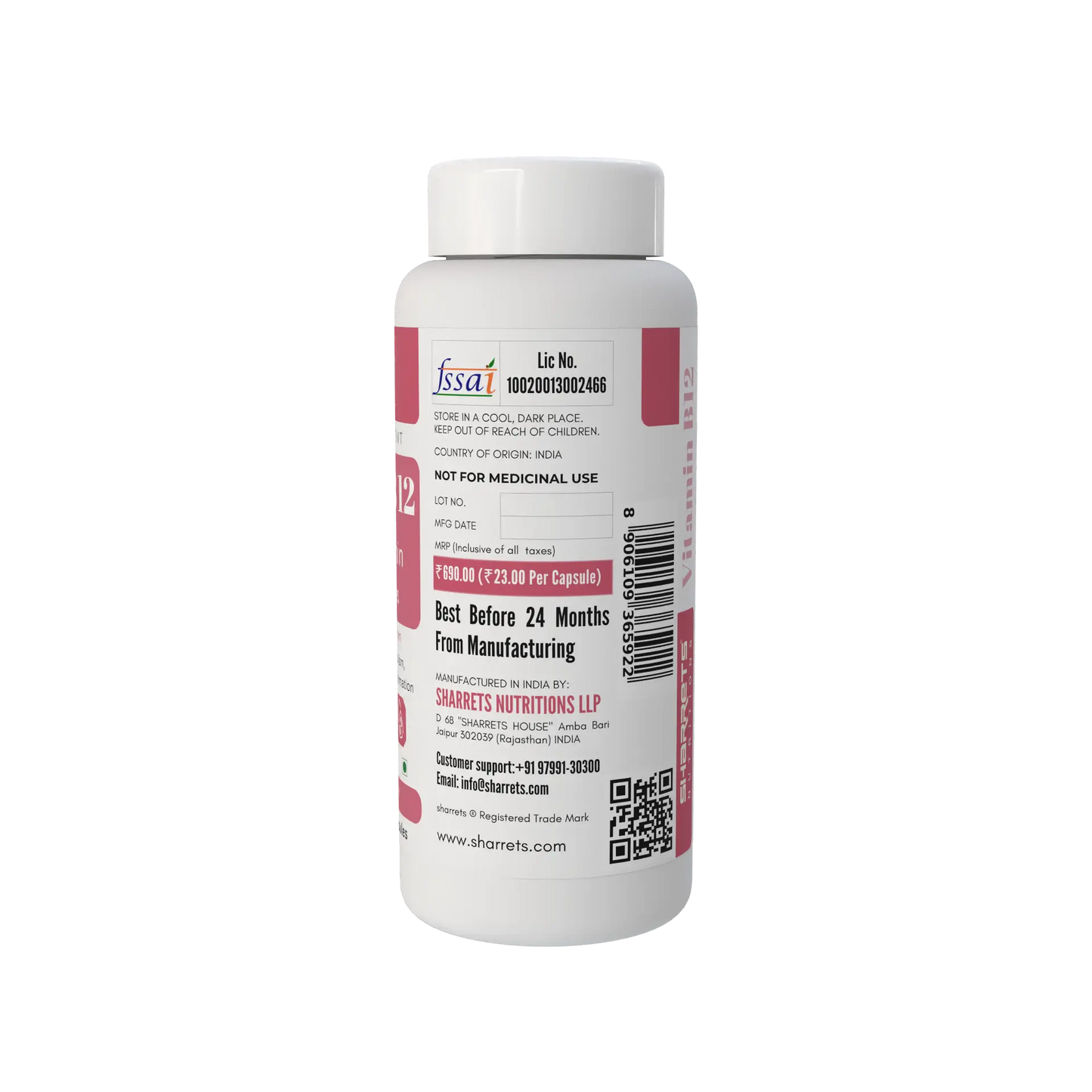 Vitamin B12 2.2 mcg Capsules | Cyanocobalamin | Sharrets Nutritions