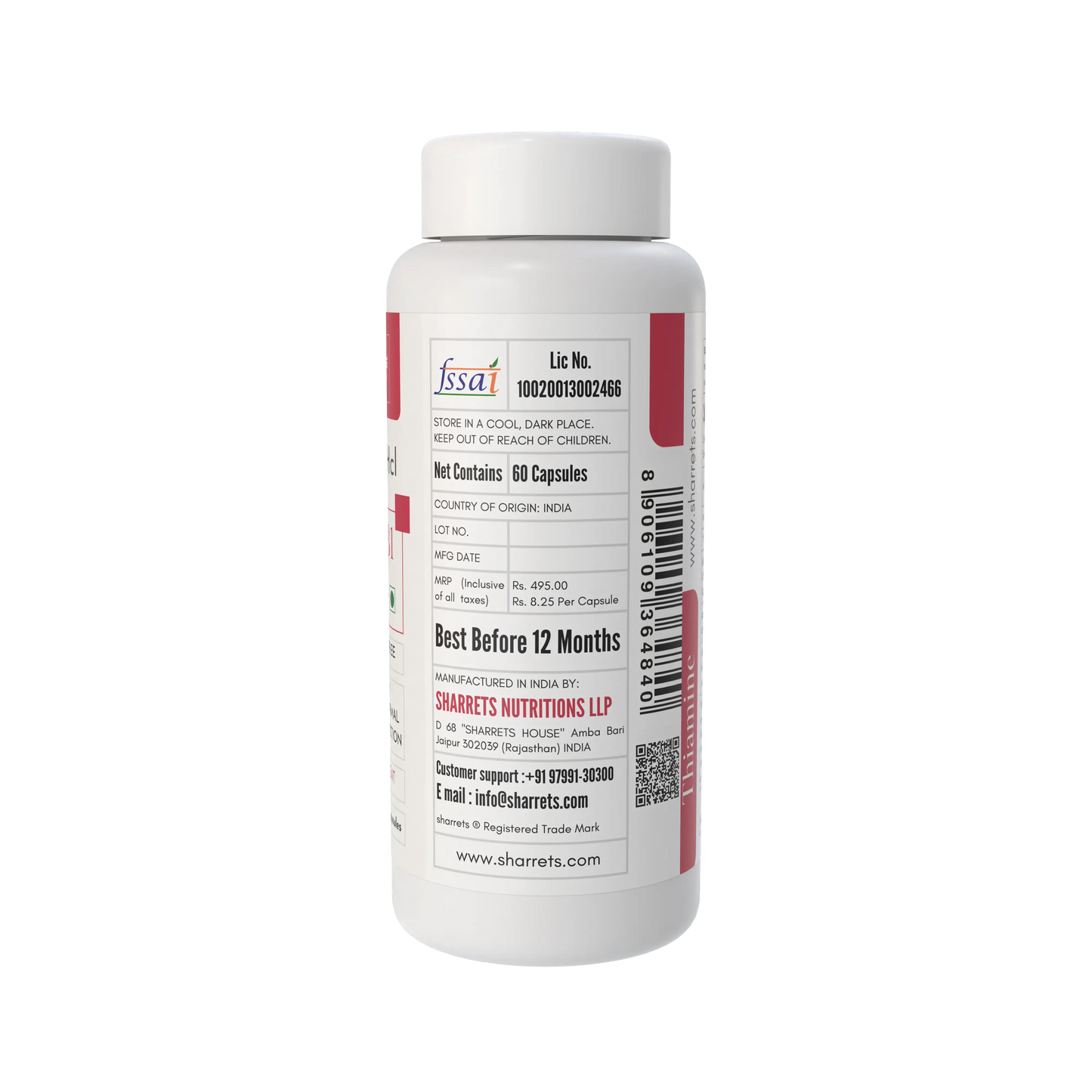 White supplement bottle with red label on a white background