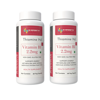 Two bottles of Sharrets Nutritions Thiamine Hcl Vitamin B1 2.2mg on a white background