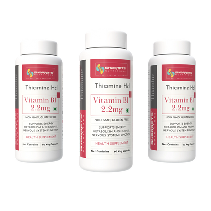 Three bottles of Vitamin B1 2.2mg health supplements on a white background