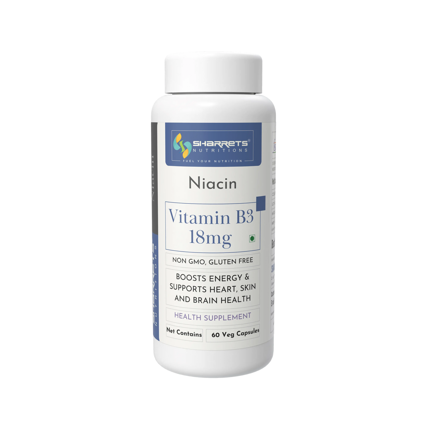 Vitamin B3 supplement bottle with Sharrets Nutritions label on a white background