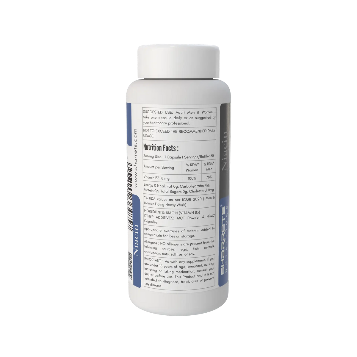 Sharrets Nutritions Niacin Vitamin B3 18 mg supplement bottle showing suggested use, nutrition facts, ingredients and product information.
