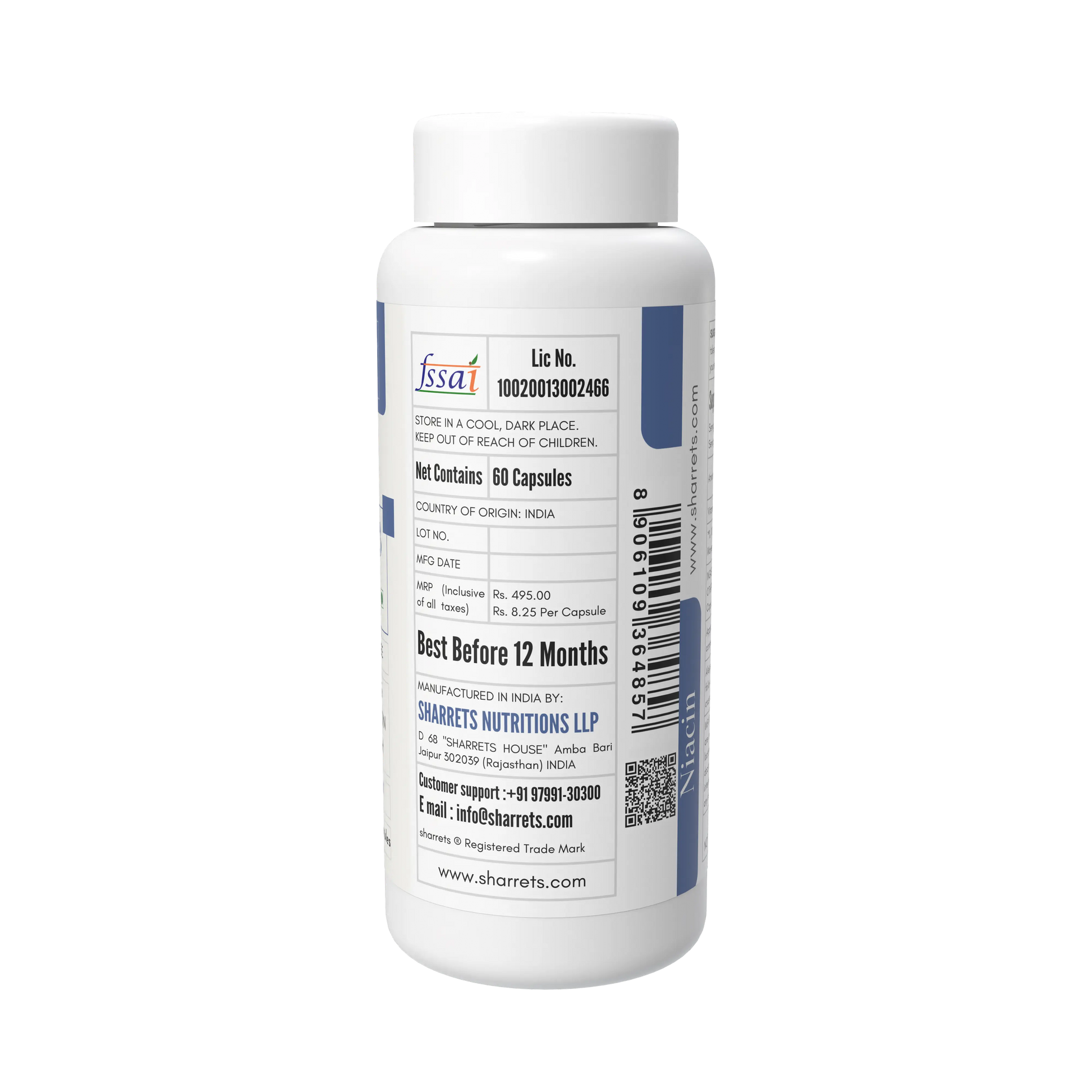 White supplement bottle with label on a white background