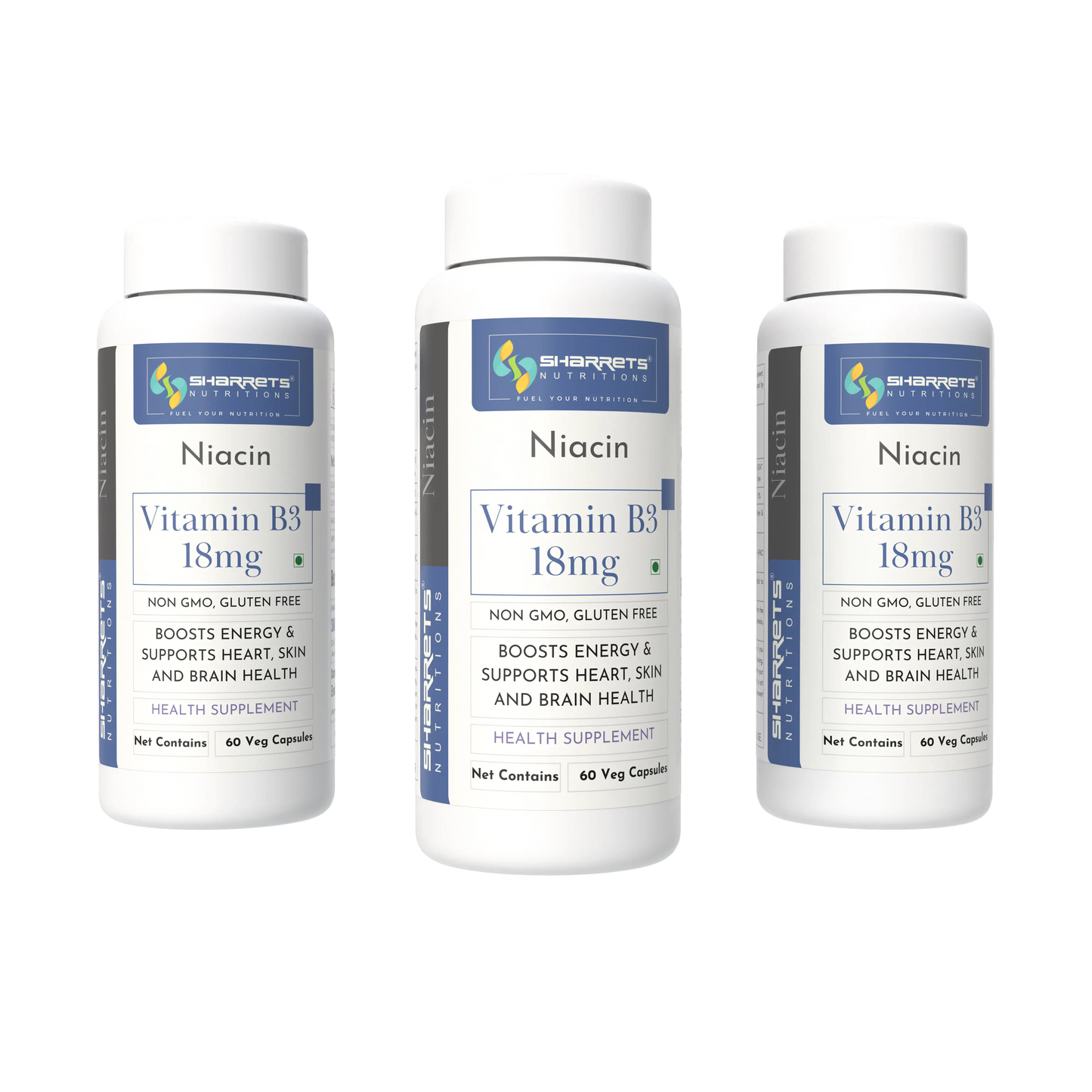 Three bottles of Sharrets Niacin Vitamin B3 18mg supplements on a white background