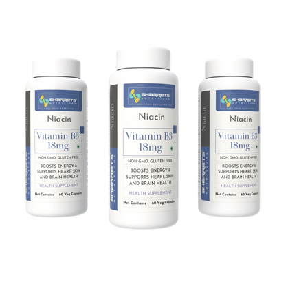 Three bottles of Sharrets Niacin Vitamin B3 18mg supplements on a white background