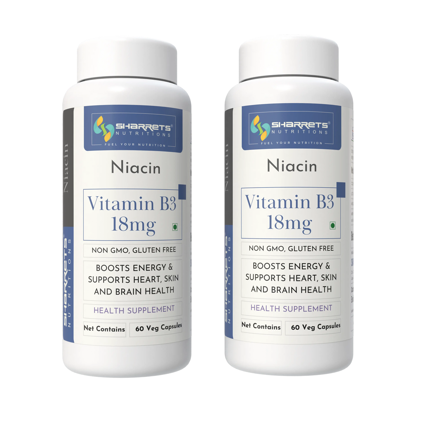 Two bottles of Sharrets Nutritions Niacin Vitamin B3 18mg on a white background