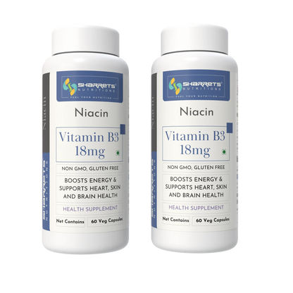 Two bottles of Sharrets Nutritions Niacin Vitamin B3 18mg on a white background