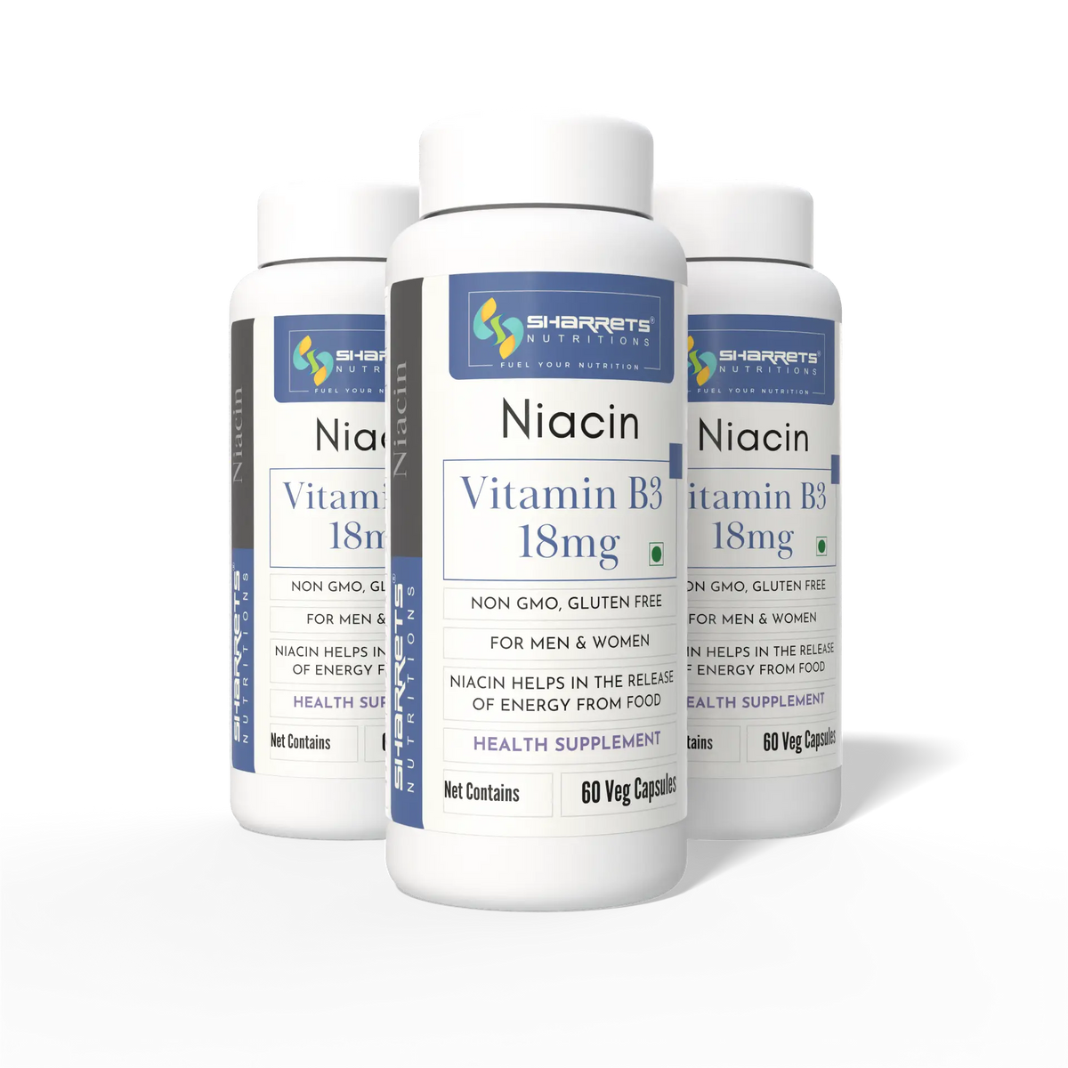 Three Sharrets Nutritions Niacin Vitamin B3 18 mg supplement bottles displayed together.