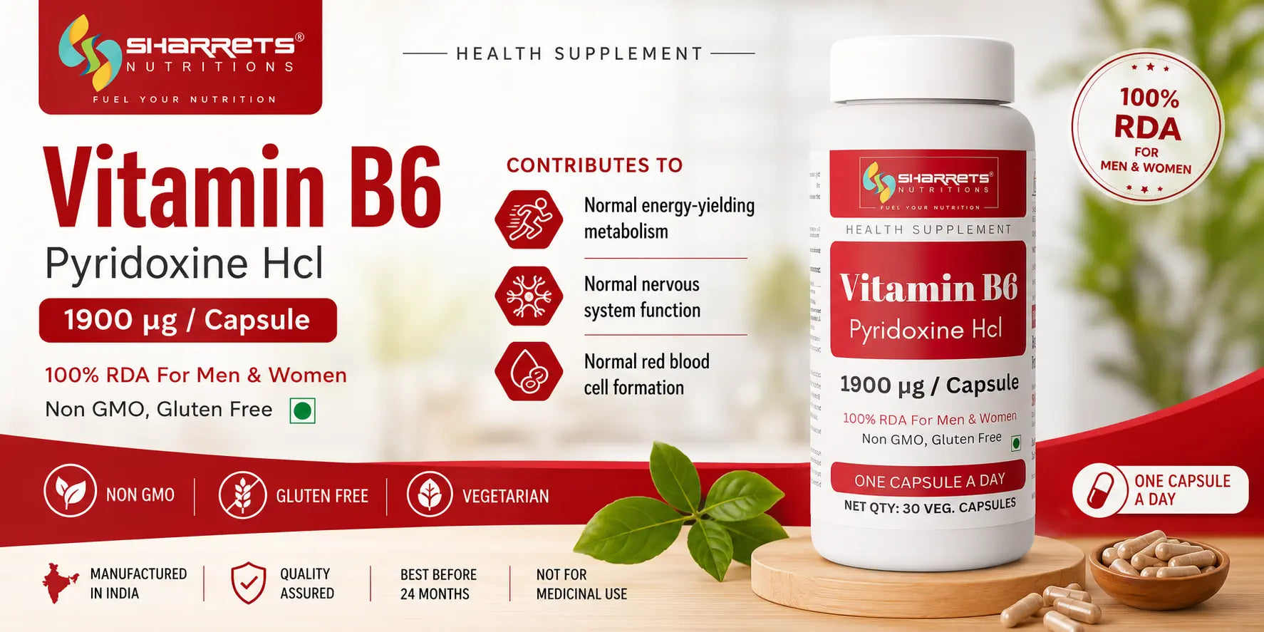 Vitamin B6 1900 mcg Per Capsule | Pyridoxine HCl | 100% RDA | Sharrets