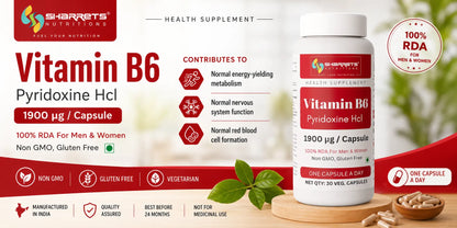 Vitamin B6 1900 mcg Per Capsule | Pyridoxine HCl | 100% RDA | Sharrets