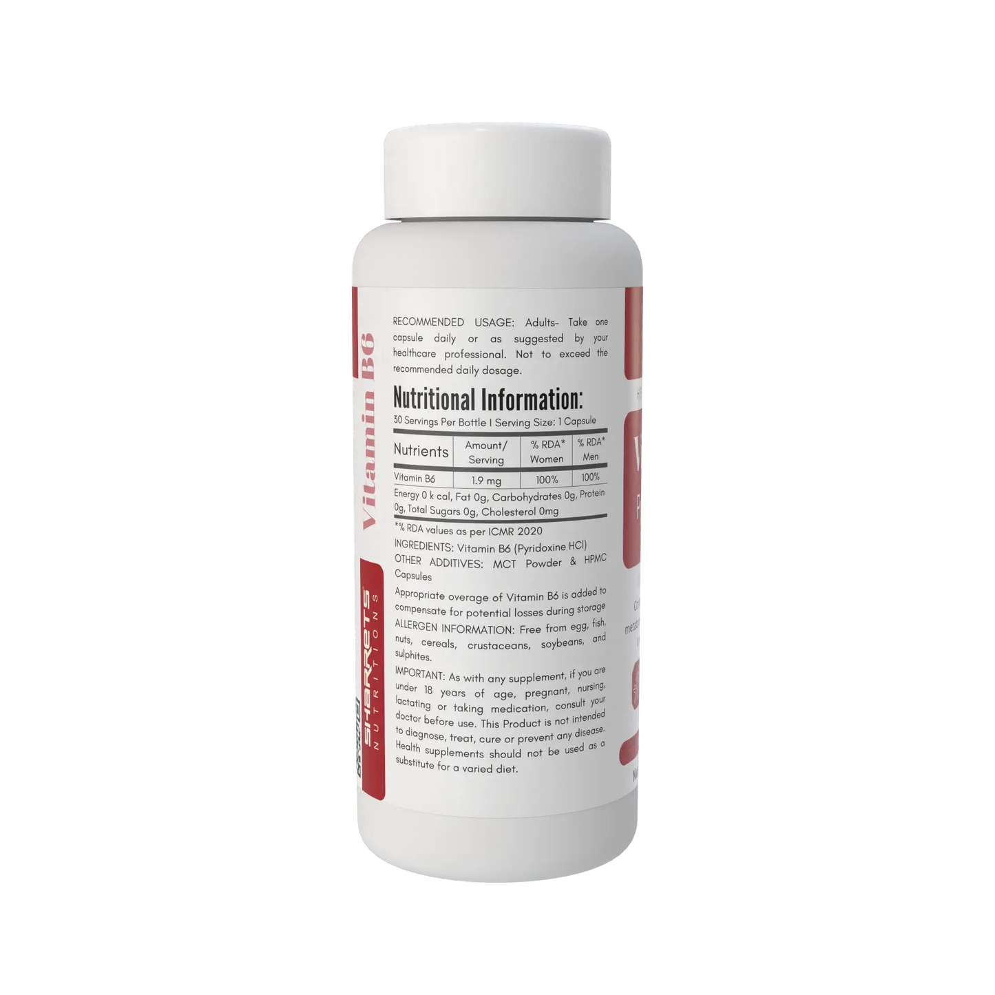A white plastic bottle of Vitamin B6 dietary supplement with a white cap, showing the back label with nutritional information and text on a plain white background.