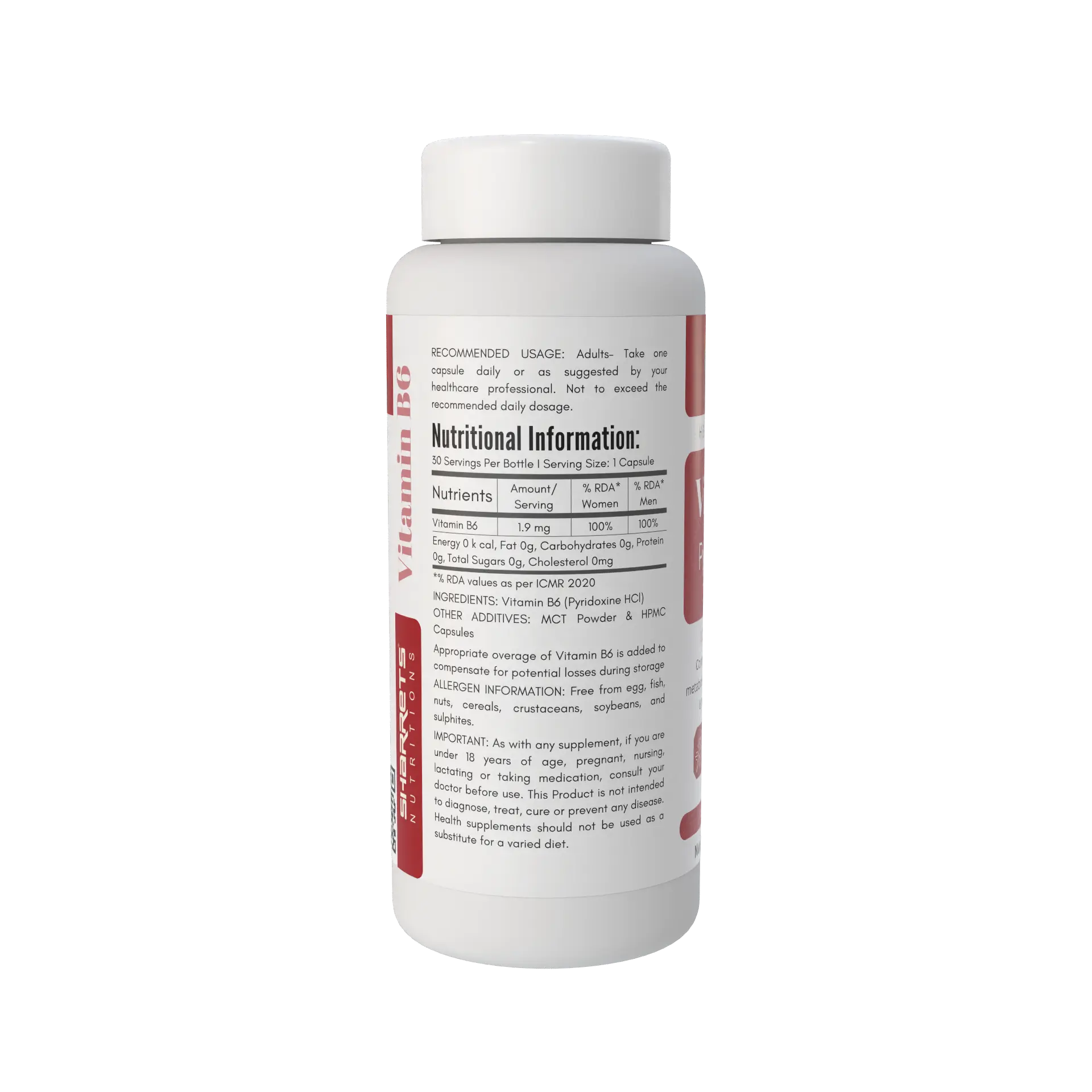 A white plastic bottle of Vitamin B6 dietary supplement with a white cap, showing the back label with nutritional information and text on a plain white background.