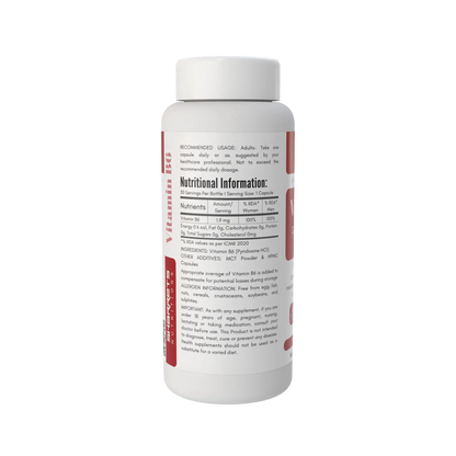 A white plastic bottle of Vitamin B6 dietary supplement with a white cap, showing the back label with nutritional information and text on a plain white background.