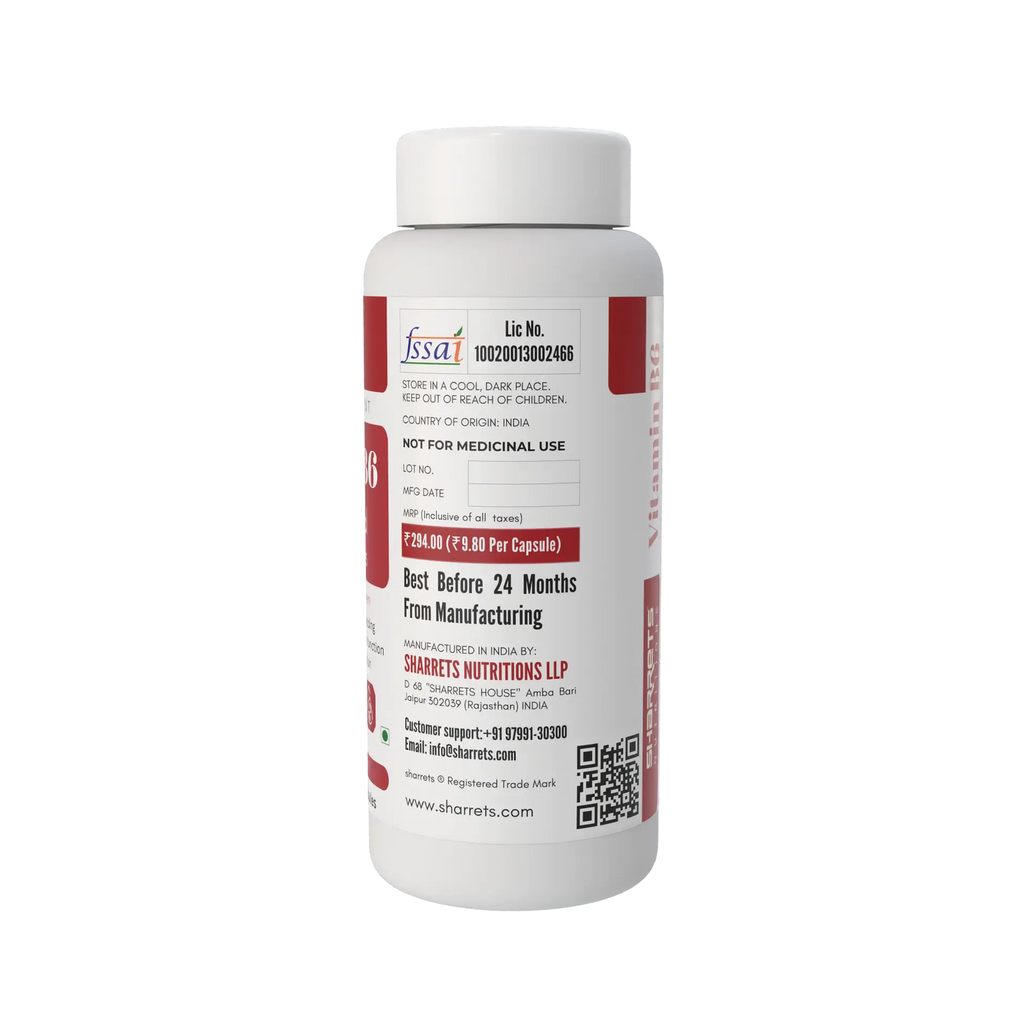 A white plastic bottle of Sharrets  Nutritions  vitamin b6 capsules with a white cap, featuring a white label with red and black text and details.