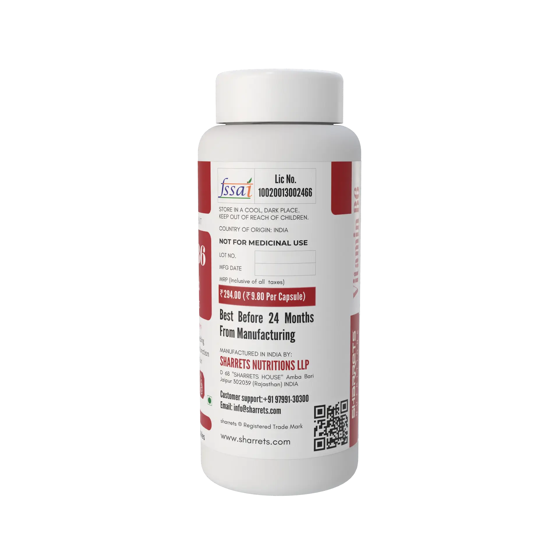 A white plastic bottle of Sharrets  Nutritions  vitamin b6 capsules with a white cap, featuring a white label with red and black text and details.