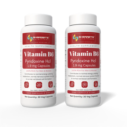 two bottles of sharrets nutritions Vitamin B6 Pyridoxine HCl 1.9 mg - 30 x 2 Capsules