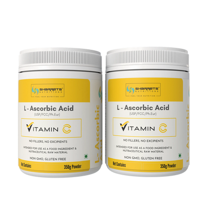 Two containers of sharrets nutritions Vitamin C powder 350g each with a white background