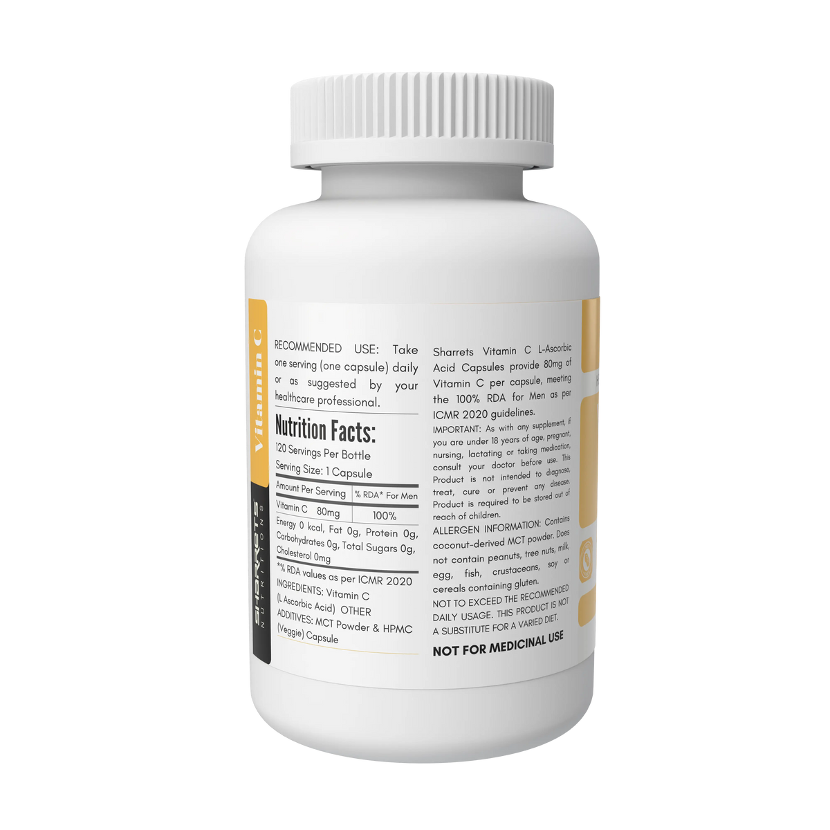 A white plastic bottle of SHARRETS  Vitamin C L-Ascorbic Acid capsules, shown from a rear three-quarter angle on a white background, displaying the label's nutrition facts and usage guidelines.