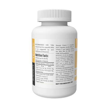 A white plastic bottle of SHARRETS  Vitamin C L-Ascorbic Acid capsules, shown from a rear three-quarter angle on a white background, displaying the label's nutrition facts and usage guidelines.