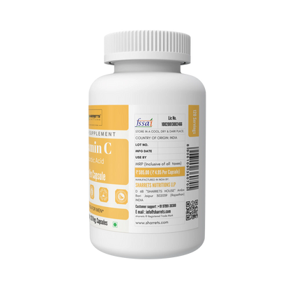 A white plastic bottle of Fssai Vitamin C supplement with a white and yellow label, shown from a three-quarter angle on a white background.