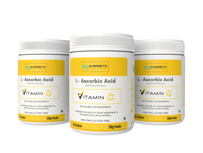 Three containers of sharrets L-Ascorbic Acid Vitamin C powder on a white background
