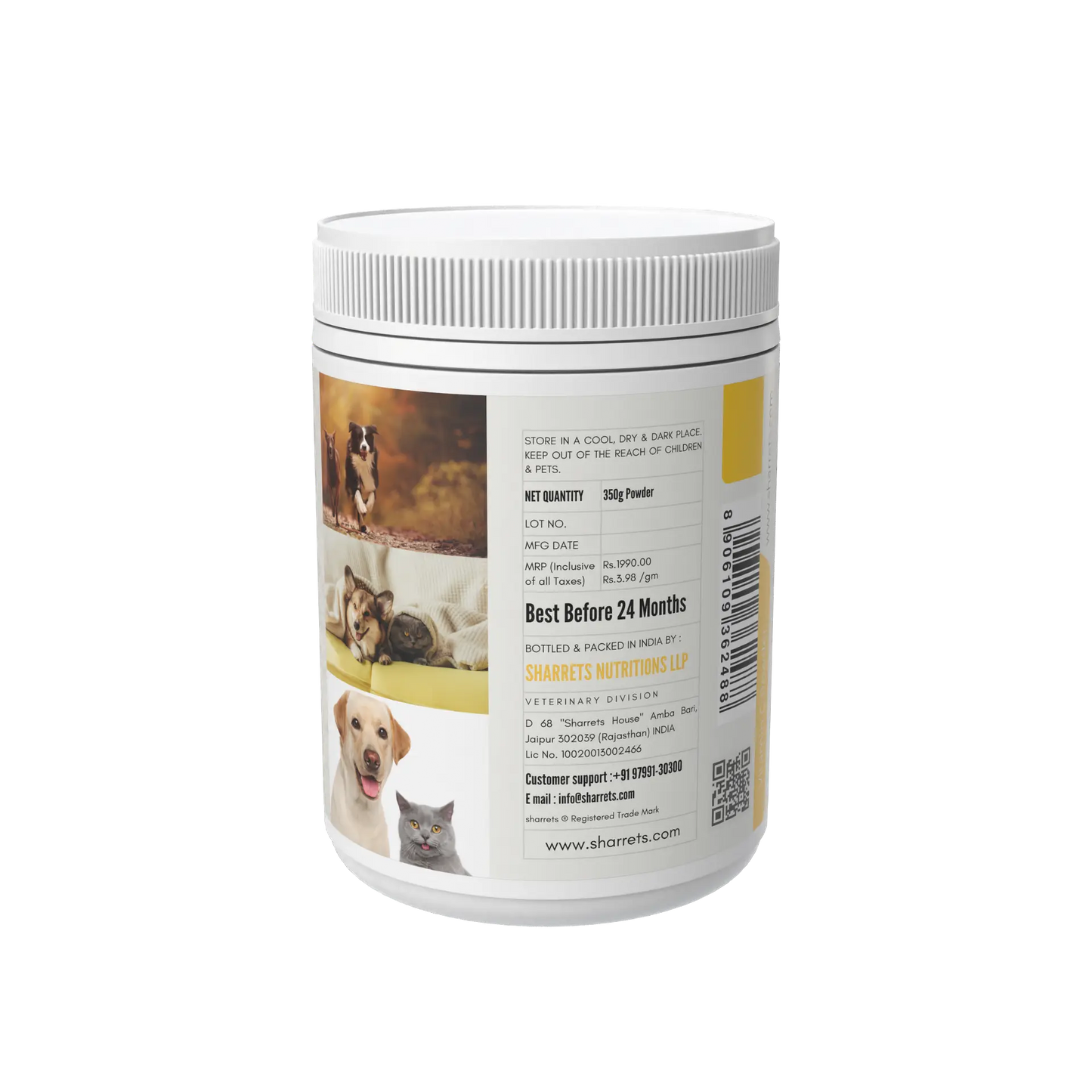 Pet supplement container with images of dogs and cats on a white background