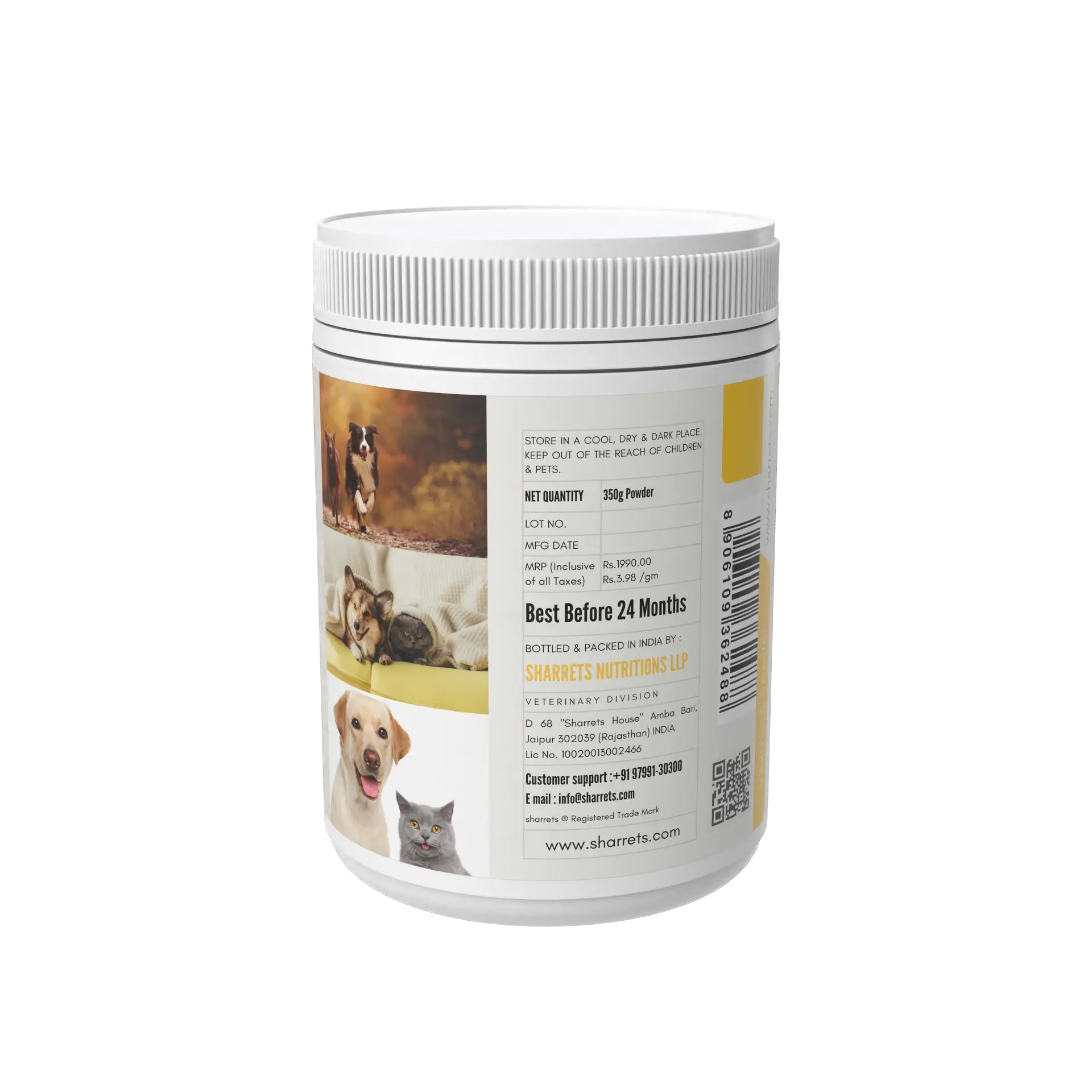Pet supplement container with images of dogs and cats on a white background