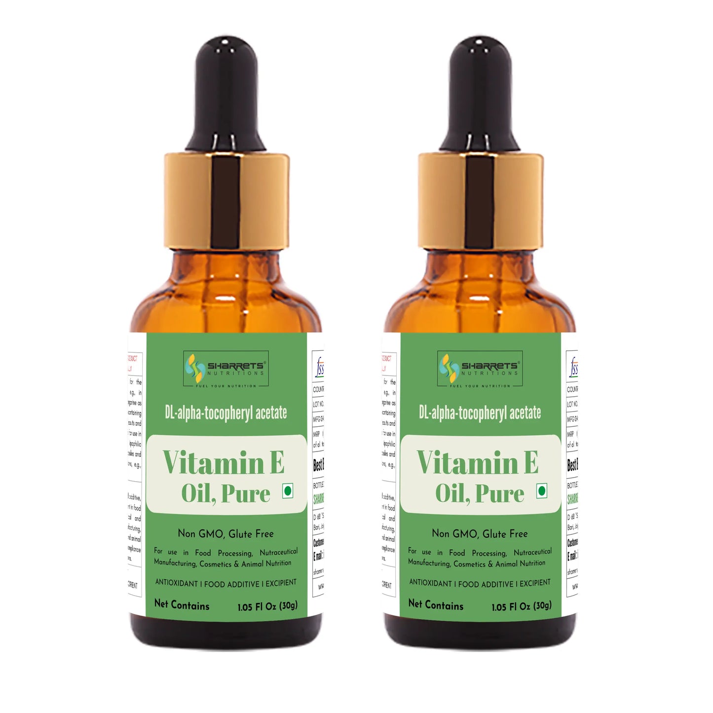 Two bottles of sharrets Vitamin E Oil Pure with dropper caps on a white background