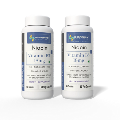 Two Sharrets Nutritions Niacin Vitamin B3 18 mg supplement bottles displayed side by side.