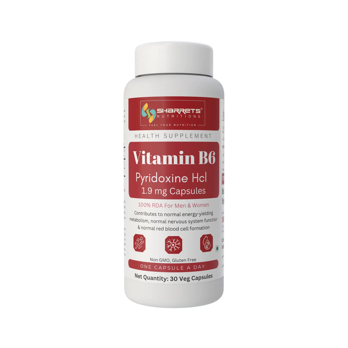 A white plastic bottle of Sharrets  Supplements Vitamin B6 (Pyridoxine Hcl) 1.9 mg capsules, set against a plain white background.