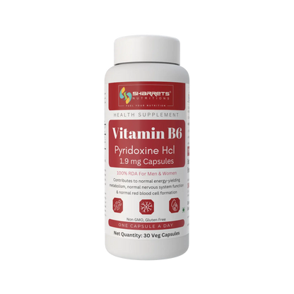 A white plastic bottle of Sharrets  Supplements Vitamin B6 (Pyridoxine Hcl) 1.9 mg capsules, set against a plain white background.