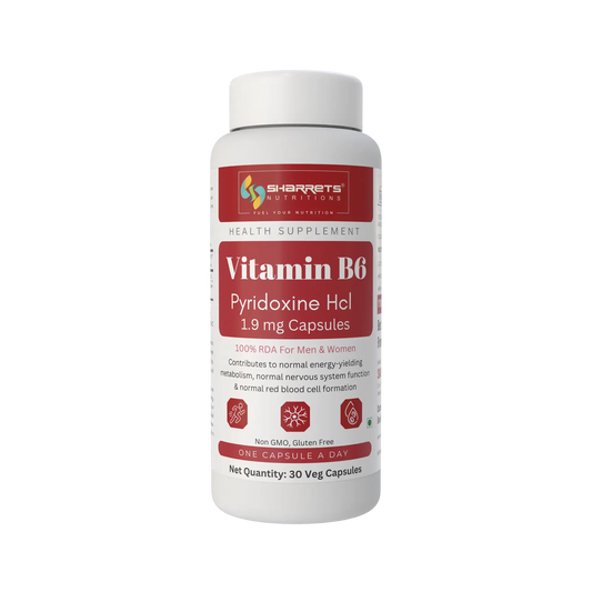 A white plastic bottle of Sharrets  Supplements Vitamin B6 (Pyridoxine Hcl) 1.9 mg capsules, set against a plain white background.