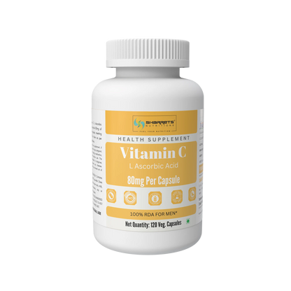 A white plastic bottle of SHARRETS Vitamin C Health Supplement with a ribbed white cap, featuring a yellow and white label on a solid white background.