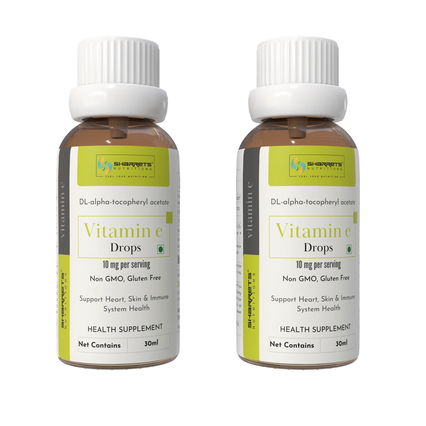 Two bottles of SHARRETS Vitamin E drops with a white background