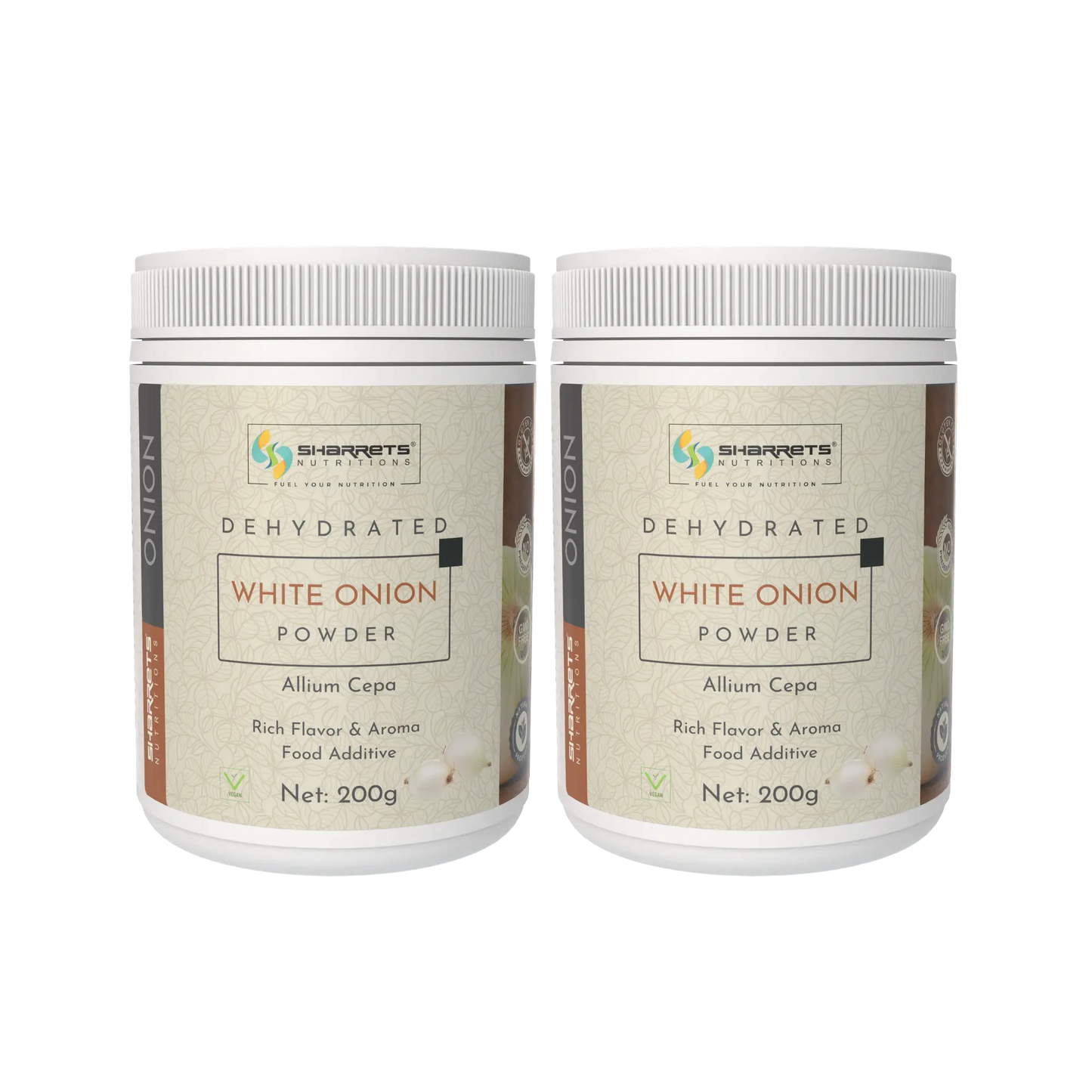 Two containers of Sharrets Dehydrated White Onion Powder on a white background