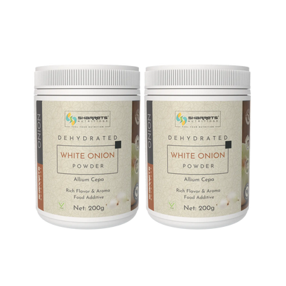 Two containers of Sharrets Dehydrated White Onion Powder on a white background