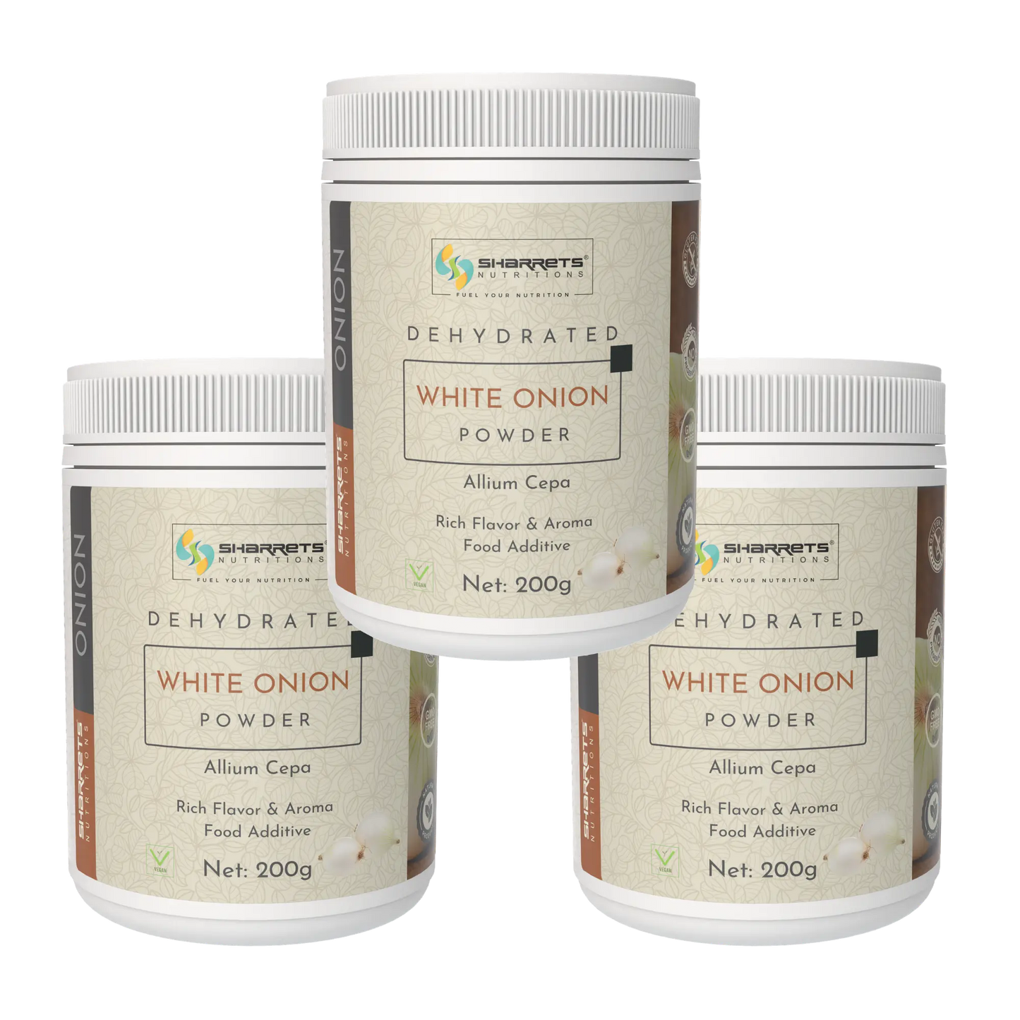 Three containers of Sharrets Dehydrated White Onion Powder on a white background