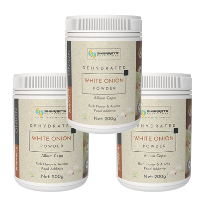 Three containers of Sharrets Dehydrated White Onion Powder on a white background